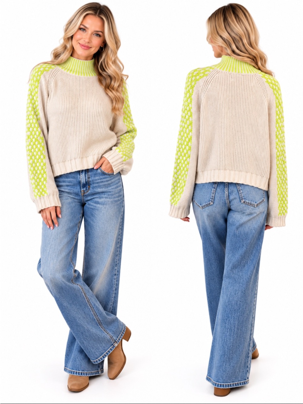 Wild Fable Cream & Neon Lime Mock Neck Knit Sweater Size Large